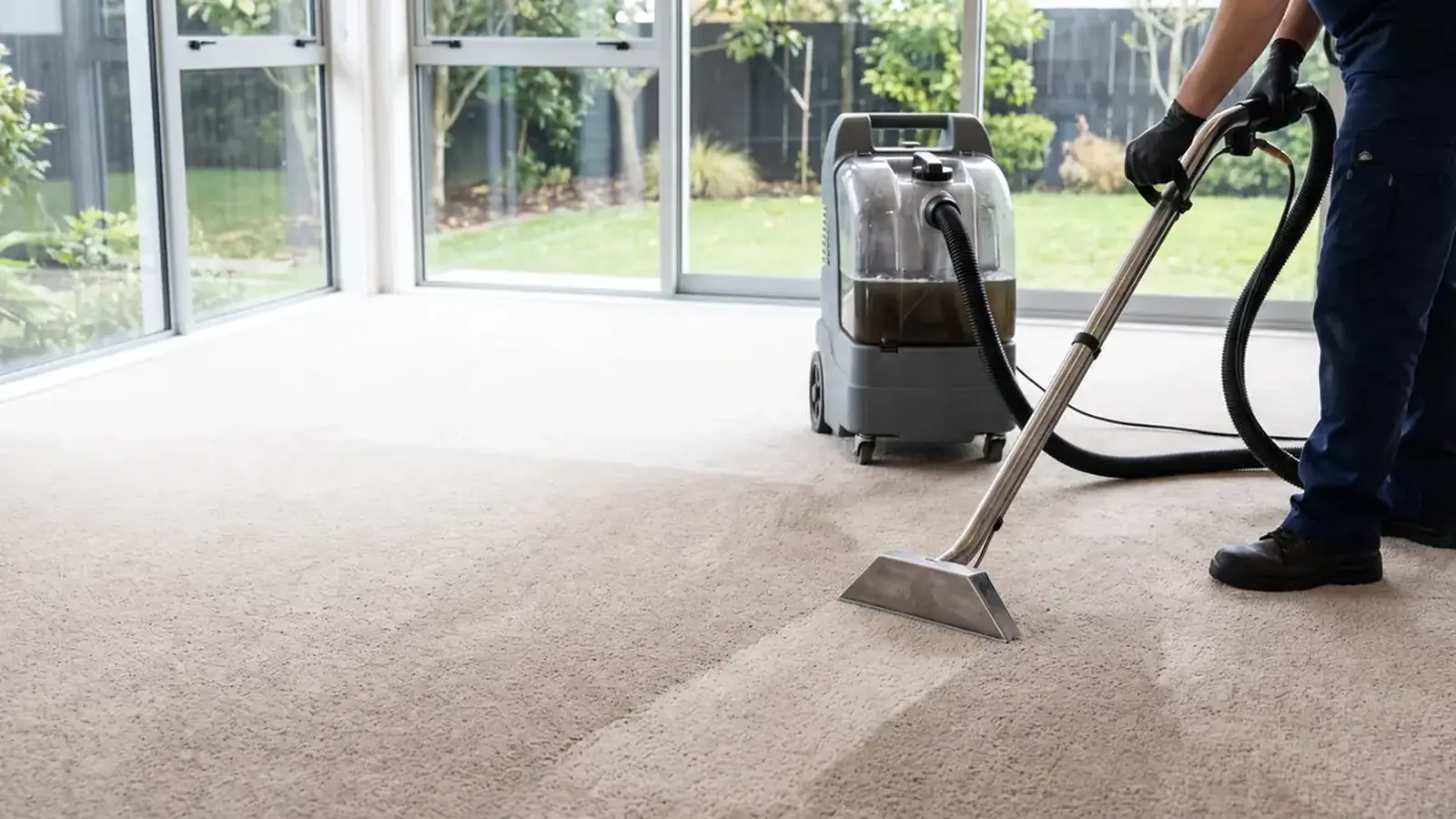 Hot-water extraction equipment cleaning a residential carpet